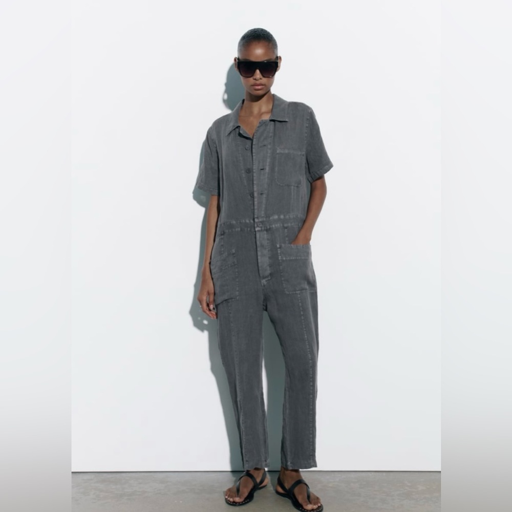 Zara 100% Linen Grey Short Sleeve Jumpsuit